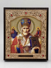 Ікона свт. Ніколай Чудотворець жов. фон, блак. митра 11x13