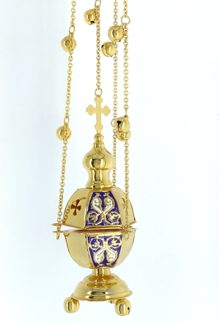 Кадило шестигранне, золото, з кольоровою емаллю, з дзвіночками