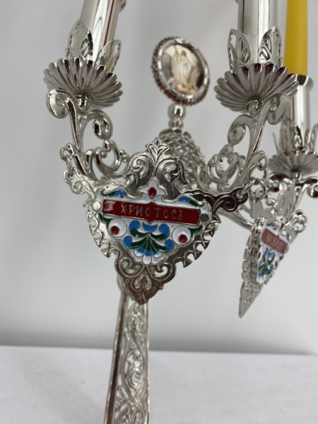 Трисвічник великодній з іконою №16, нікель 29х11см