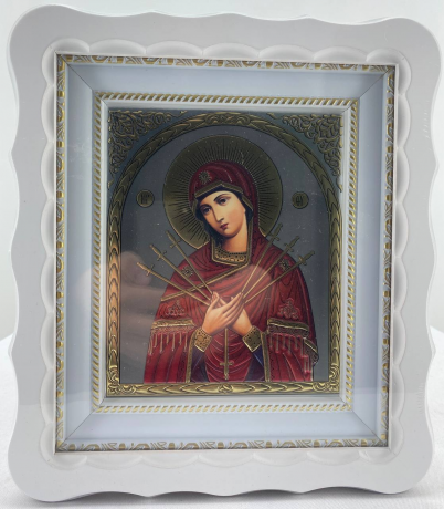 Ікона Богородиці "Семистрільна" без пат. біла рам. 27х25см