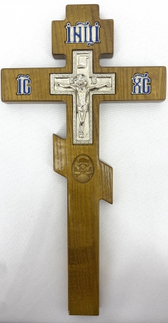 Хрест напрестольний дерево, сріб. розп'яття, син. емаль 33,5х17,5см