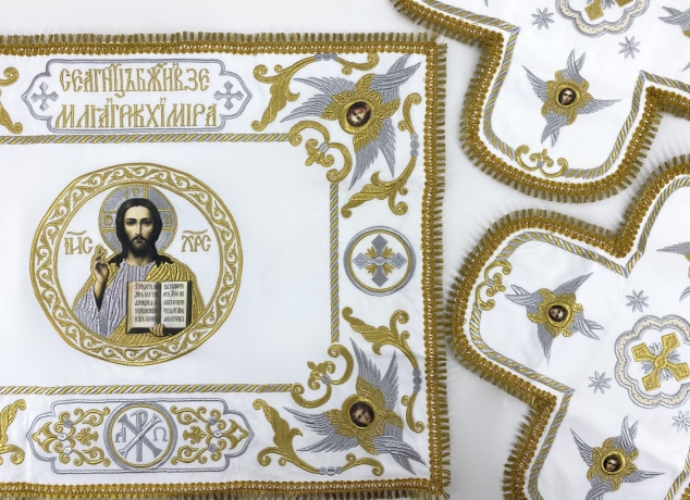 Покровці та воздух з вишивкою, ікона Спаситель, з бахромою