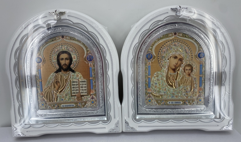 Ікони "Вінчальна пара" ((літ. купол жов. блак.) біл. ср. пат. ср. рам.) 27х25см