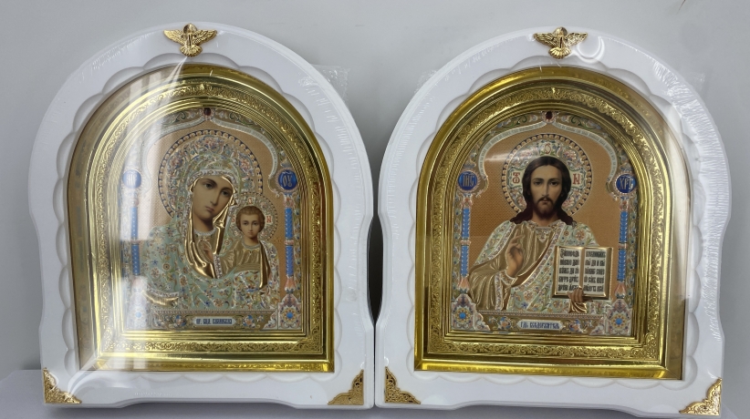 Ікони "Вінчальна пара" ((літ. куп. жов. блак.) біл. без пат., рам. зол.) 27х25см