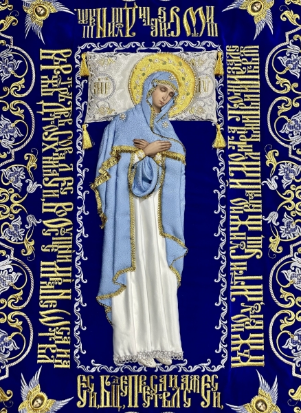 Плащаниця Богородиці на оксамиті 120х80см (Ангели, срібло) (вишивка виноград, вишита та розсшита середина)