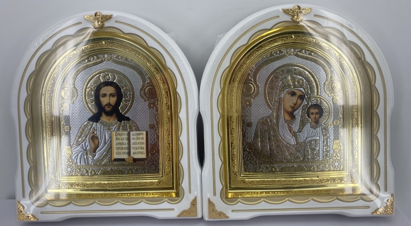 Ікони "Вінчальна пара" літ. купол квітка. біл. зол. пат., зол. рам. 27х25см