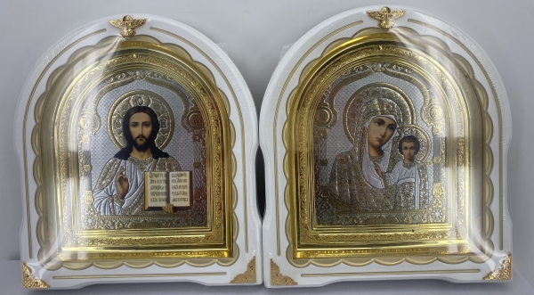 Ікони "Вінчальна пара" літ. купол квітка. біл. зол. пат., зол. рам. 27х25см